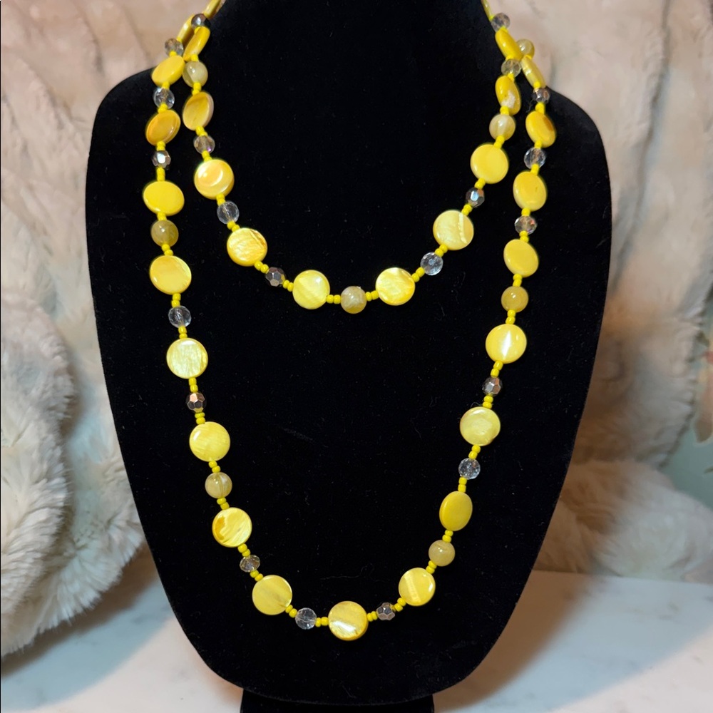 Mother of Pearl Shell Yellow Dyed Bead Necklace with Gold and Clear Accent Beads